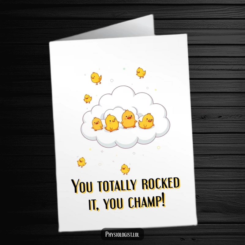 Funny free printable congrats card: A cloud rains many tiny, bouncing rubber chickens.