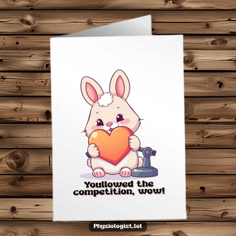 Funny Free Printable Congrats Card: Fluffy rabbit happily examines a large, vibrant heart under a microscope, celebrating a big win.