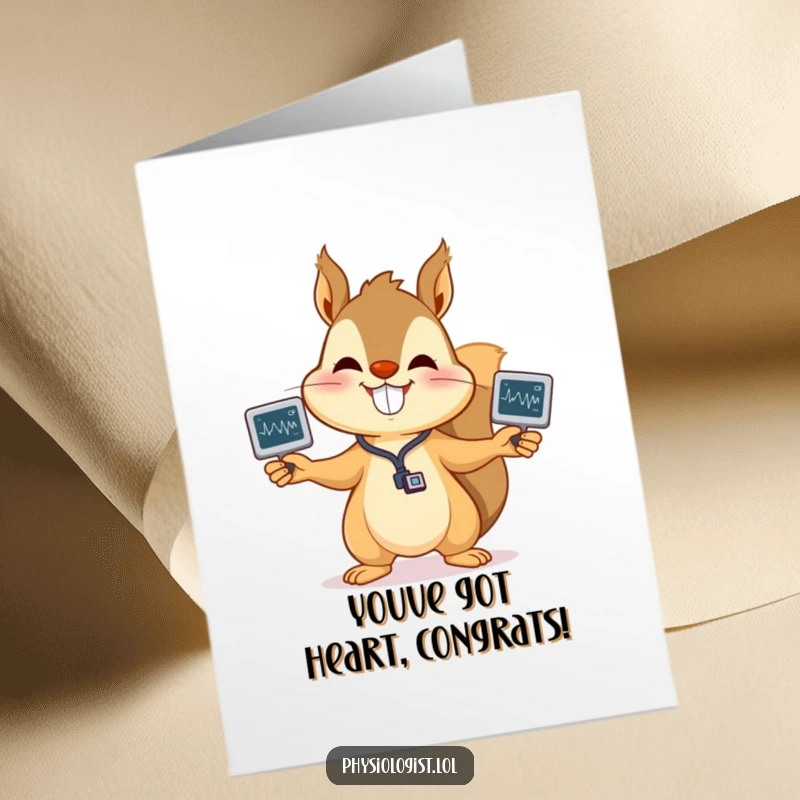 Funny Free Printable Squirrel EKG Congratulations Card, a happy squirrel expertly juggling EKG strips, celebrating positive results.