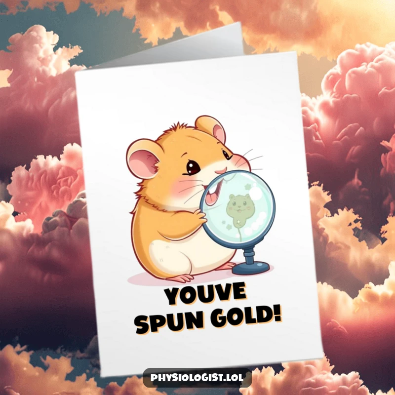 Funny Free Printable Congratulations Card: Cheerful hamster peering at a magnified image on a screen, celebrating achievement.