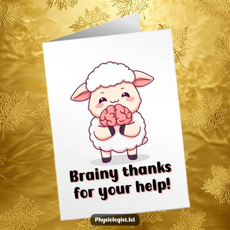 Funny Free Printable Thank You Card: A giggling sheep happily presents a tiny, animated brain, symbolizing big thanks.