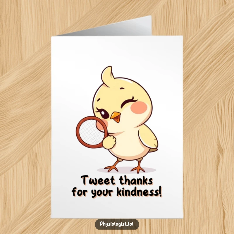 Funny Free Printable Thank You Card: Playful bird winks while holding a racquet, a downloadable thank you with sporty and cheerful vibes.