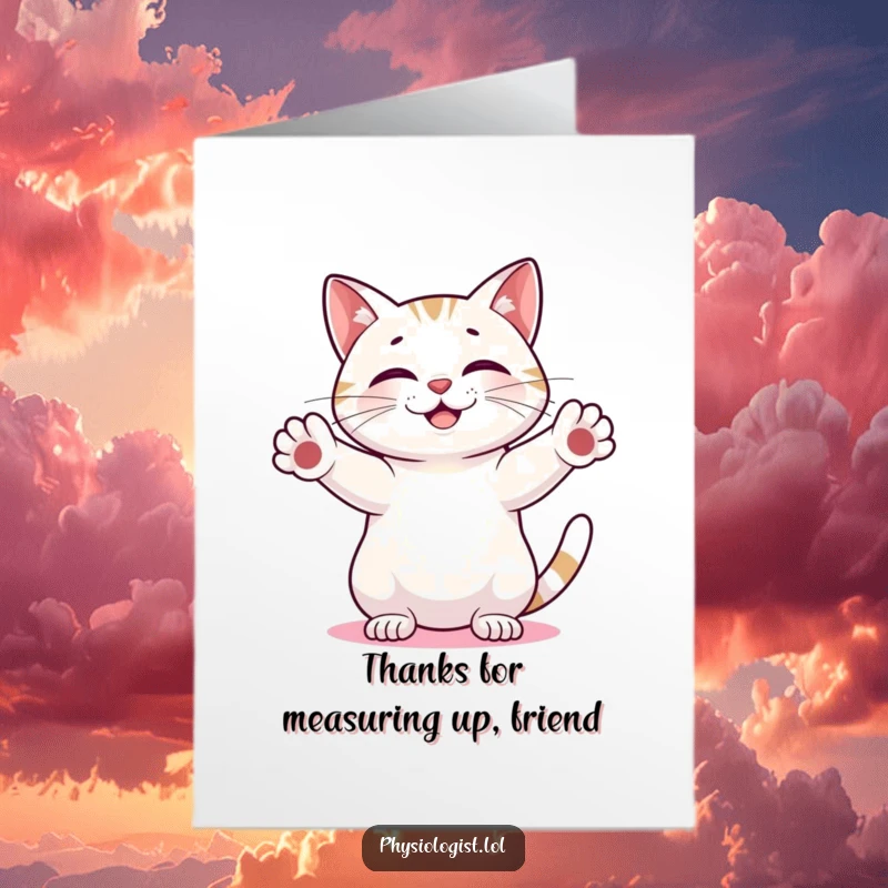 Funny Free Printable Cat Thank You Card: Smiling cat measuring a glowing abstract shape, conveying thanks artistically.