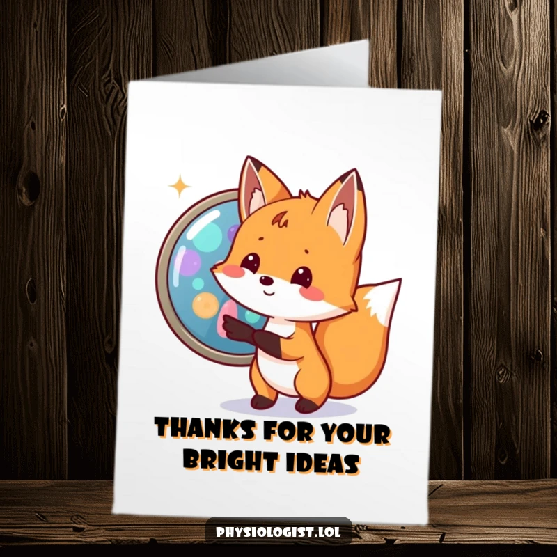 Funny Free Printable Fox Thank You Card: An excited small fox points to a detailed, magnified cell.