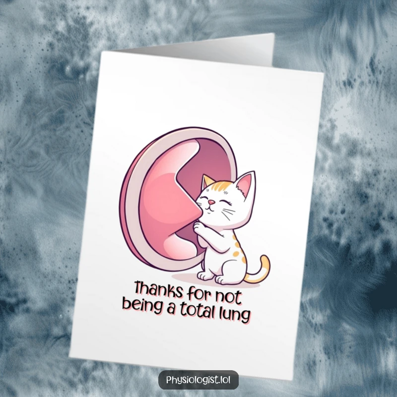 Comical free printable thank you card: a cat curiously listens to a giant, strange lung with great interest.