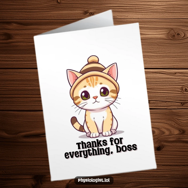 Funny Free Printable Thank You Card: A curious cat wearing a tiny striped hat offers a humorous thank you message.
