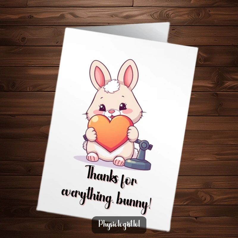Funny Free Printable Thank You Card: Fluffy rabbit happily examines a large, colorful heart under a microscope, sending thanks.