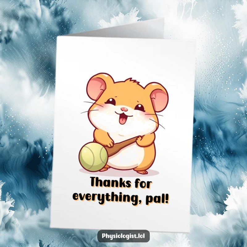Funny Free Printable Thank You Card: Cheerful hamster plays paddle ball, sending downloadable thanks with a tiny, delightful swing.
