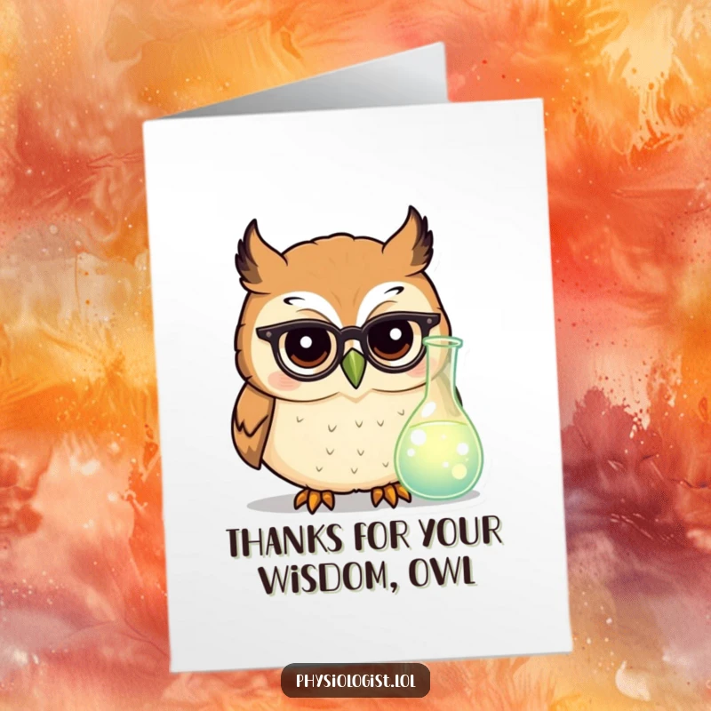 Funny Free Printable Owl Thank You Card: An intelligent owl wearing glasses examines a glowing scientific beaker.