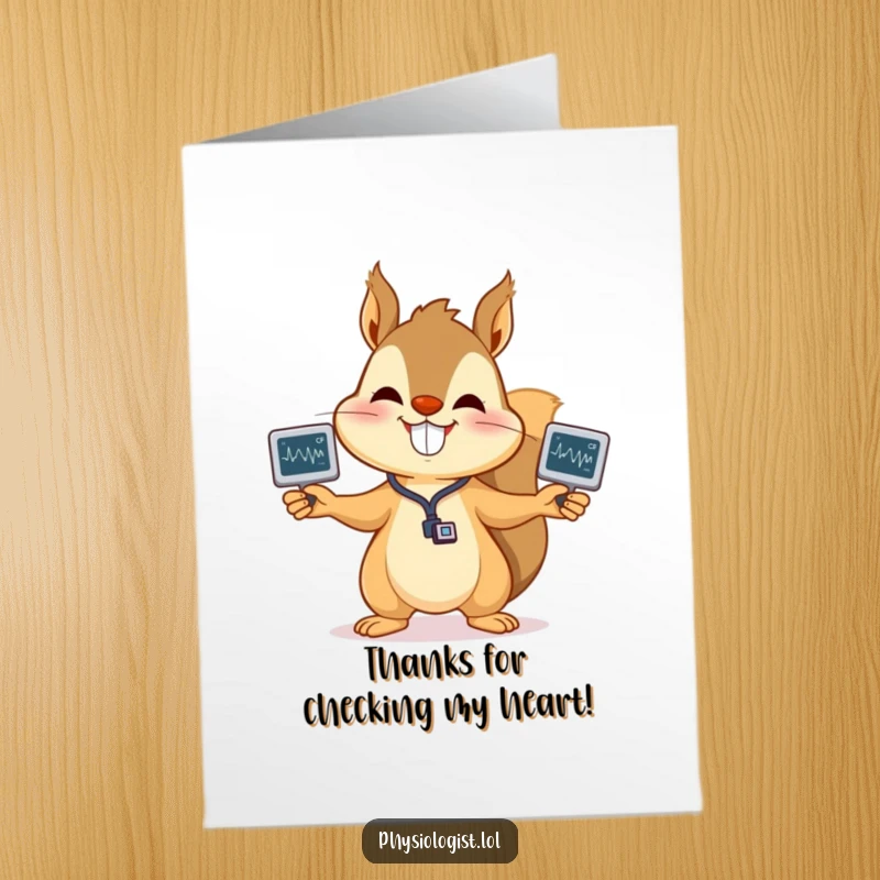 Funny Free Printable Squirrel EKG Thank You Card, a smiling squirrel juggling EKG readings, expressing sincere gratitude.