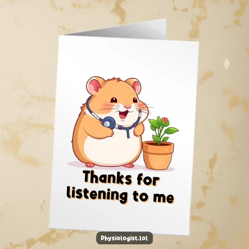 Funny Free Printable Thank You Card: Chubby hamster in a tiny stethoscope, smiling and giving a thumbs up to a potted plant.
