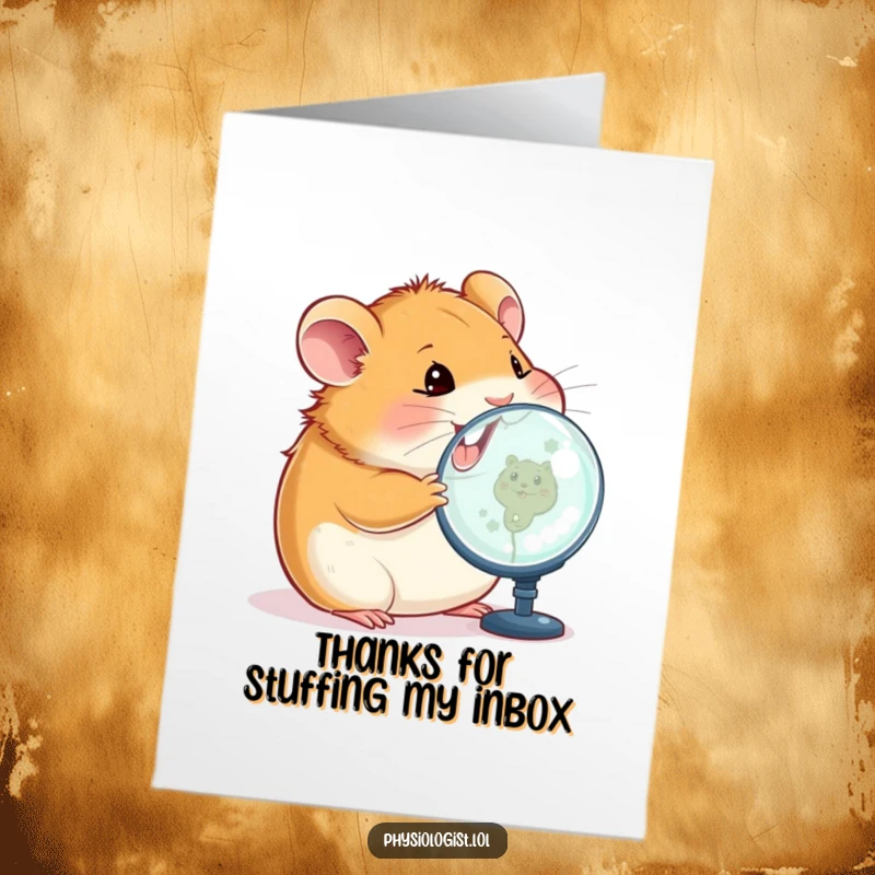 Funny Free Printable Thank You Card: A content hamster inspecting a magnified image on a screen, expressing thanks adorably.