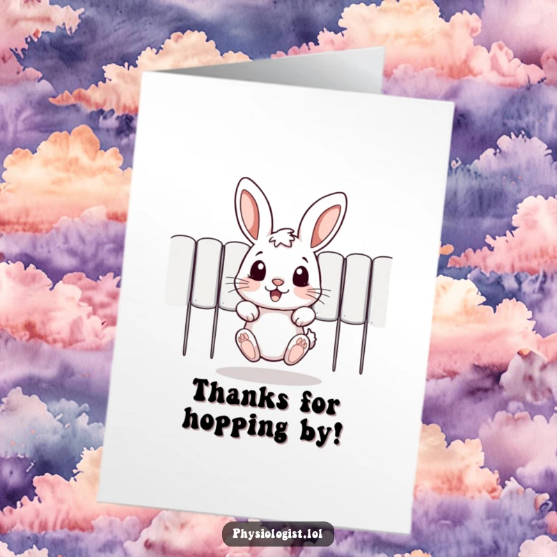 Funny Free Printable Thank You Card: A cute rabbit leaping with joy, expressing thanks in a playful, energetic manner. Print at home.