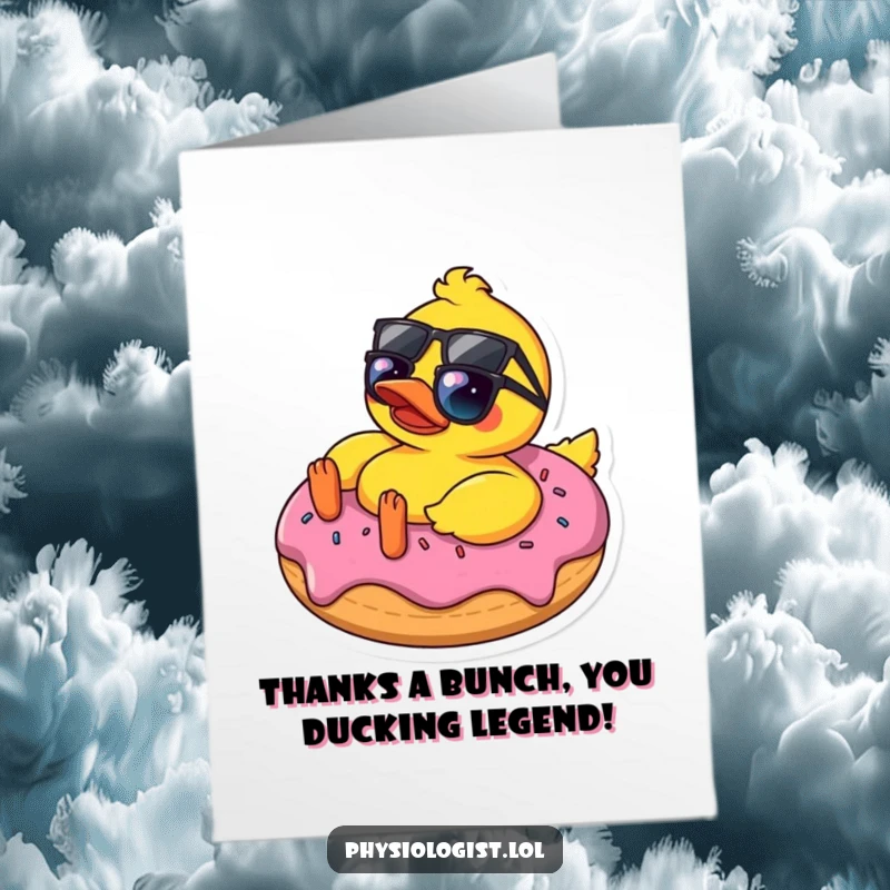Funny free printable thank you card: A groovy rubber ducky in sunglasses rests on a donut.