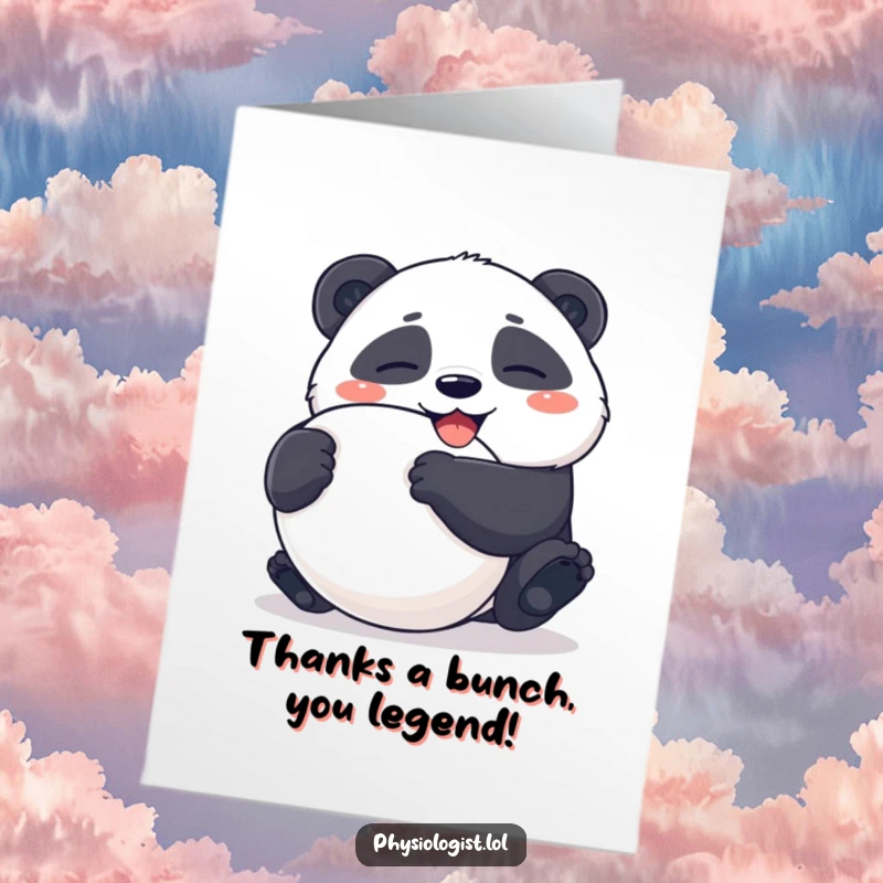Funny Free Printable thank you card depicting a giggling panda squeezing a comically large, ambiguously shaped stress ball.