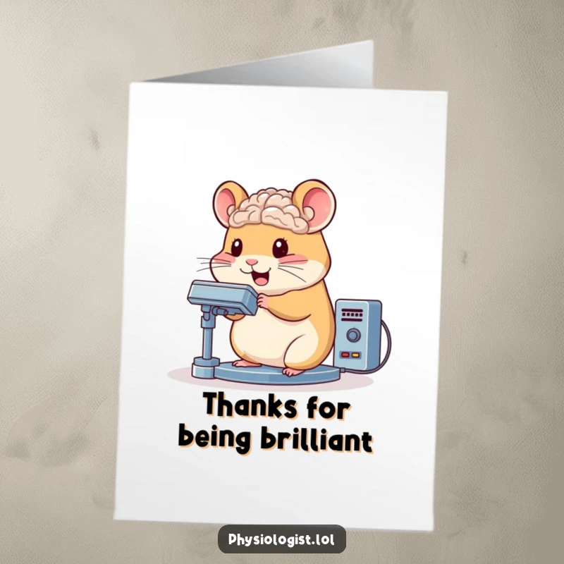 Funny Free Printable Thank You Card: A bouncing hamster focused on a complex brain scanner, analyzing thoughts with precision for printing.