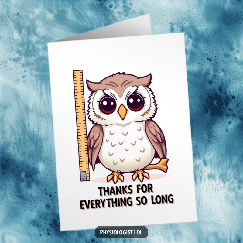 Amusing free printable thank you card featuring a curious owl measuring an incredibly long bone with precision.
