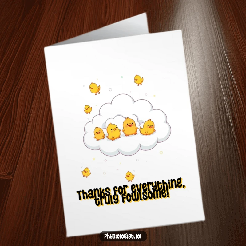 Funny free printable thank you card: A fluffy cloud is raining tiny, bouncing rubber chickens.