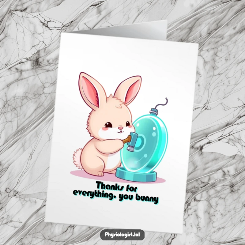 Free Printable Thank You Card: A curious bunny tapping a glowing cell model with a tiny hammer, humorously thankful.
