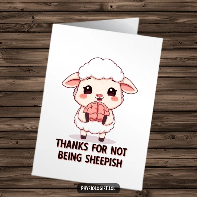 Funny Free Printable Thank You Card showing a giggling sheep proudly presenting its tiny, animated, and possibly genius brain.