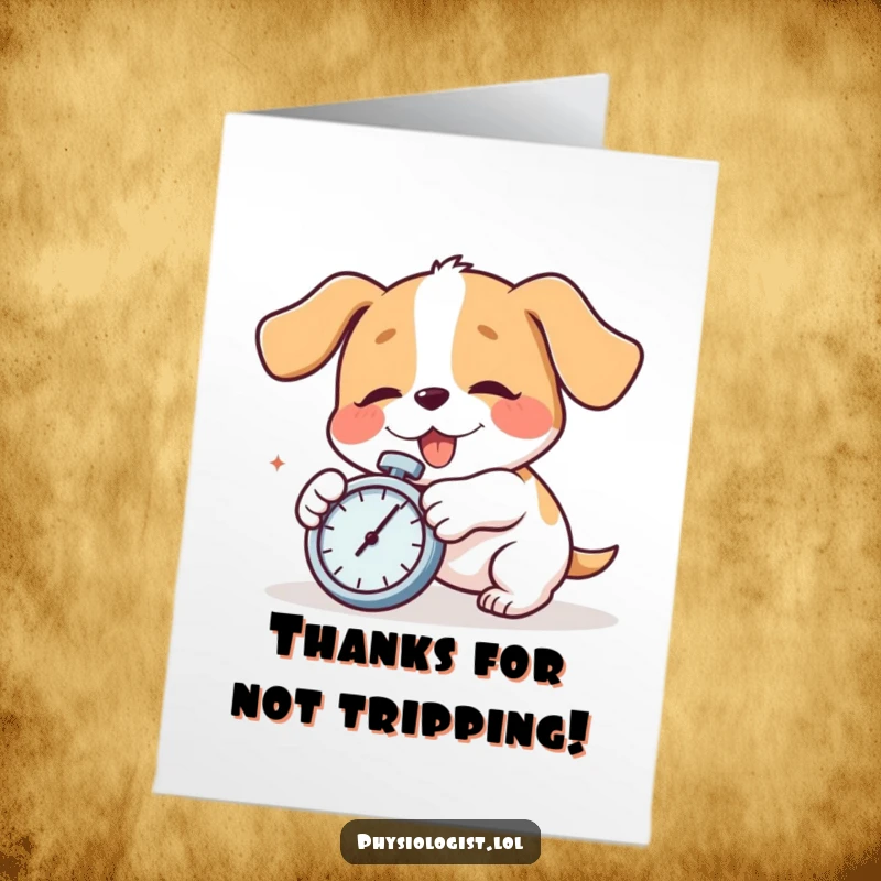 Funny Free Printable Thank You Card: A comical dog trips with a stopwatch, offering a humorous way to say thank you.