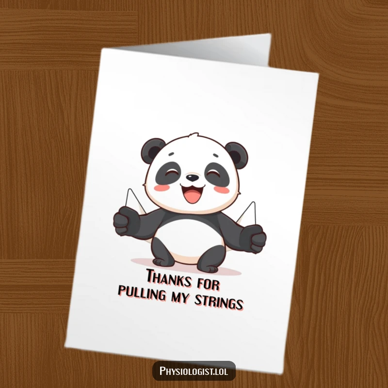 Funny Free Printable Thank You Card: A cheerful panda demonstrating muscle motion with puppets, conveying thanks with humor.