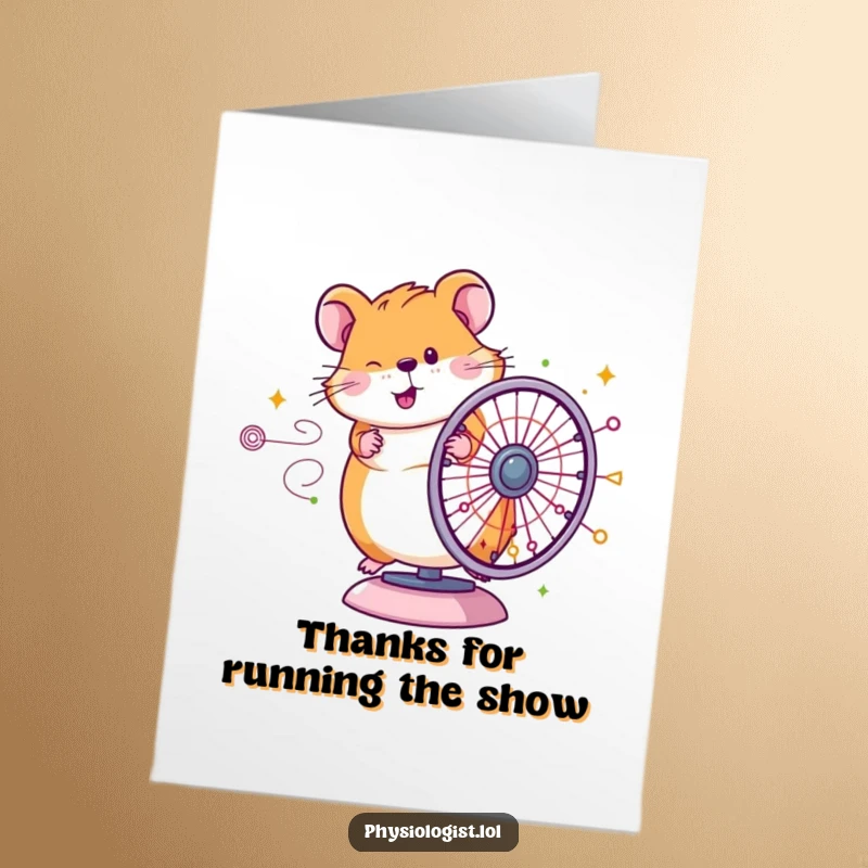 Funny Free Printable Hamster Thank You Card: Happy hamster spinning wheel connected to a complex diagram, conveying thanks.