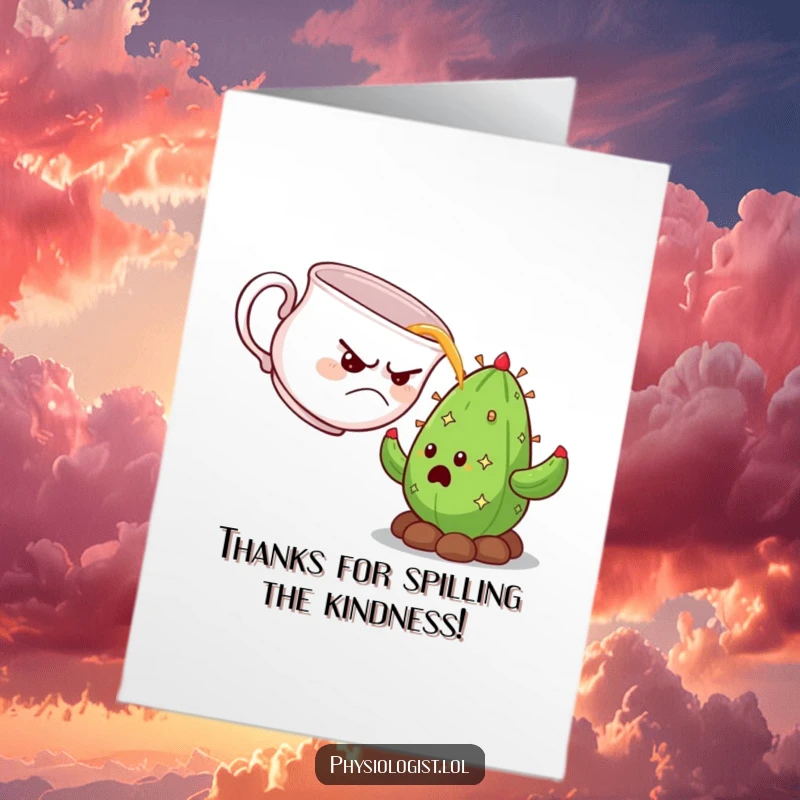 Funny Free Printable Thank You Card: Grumpy teacup drenching a shocked cactus with tea, a humorous card.