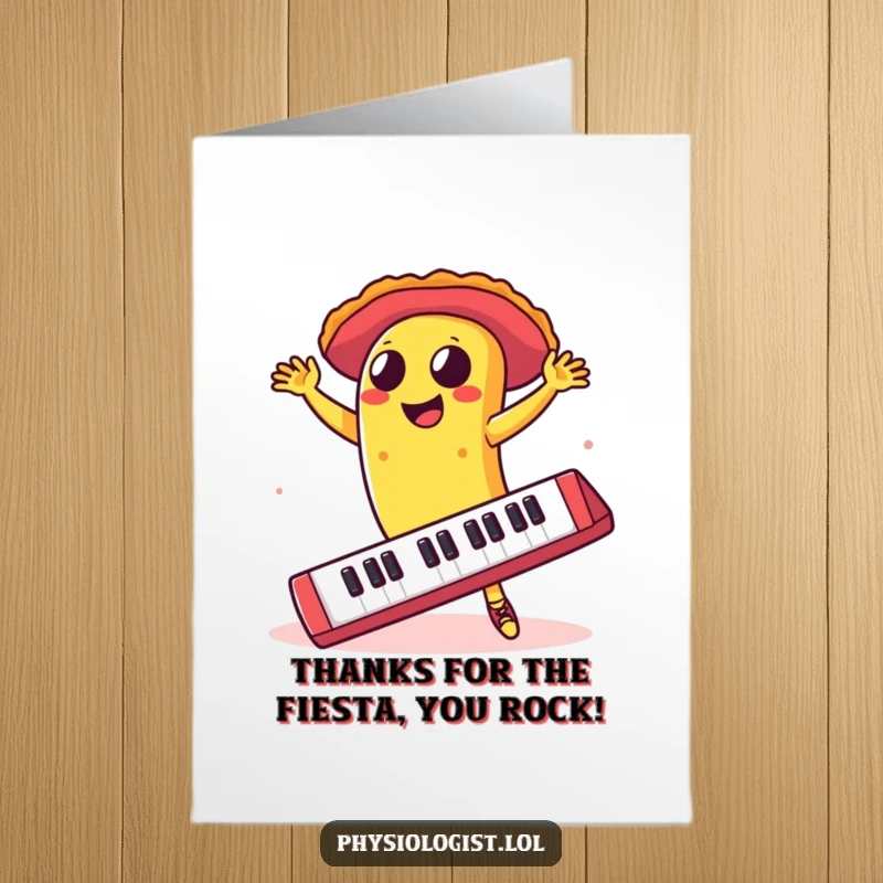 Funny free printable thank you card: A taco dances salsa on a giant keyboard.