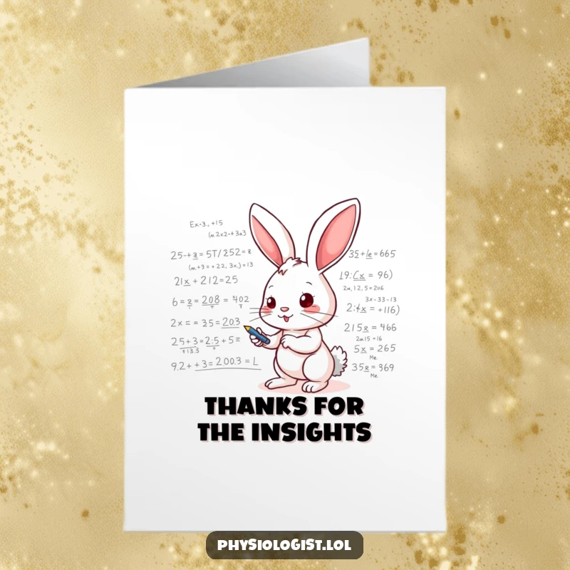 Funny Free Printable Thank You Card: Energetic bunny looking thoughtful, scribbling equations on a whiteboard, as if contemplating gratitude.