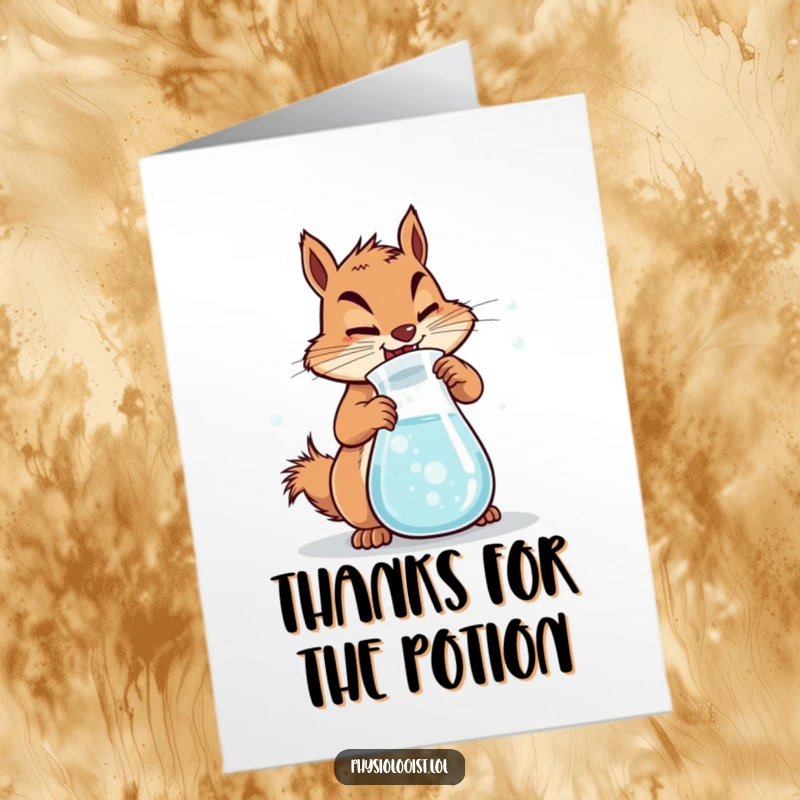 Funny Free Printable Thank You Card: Determined squirrel churning a beaker of bubbly mixture, a thank you for energetic help.