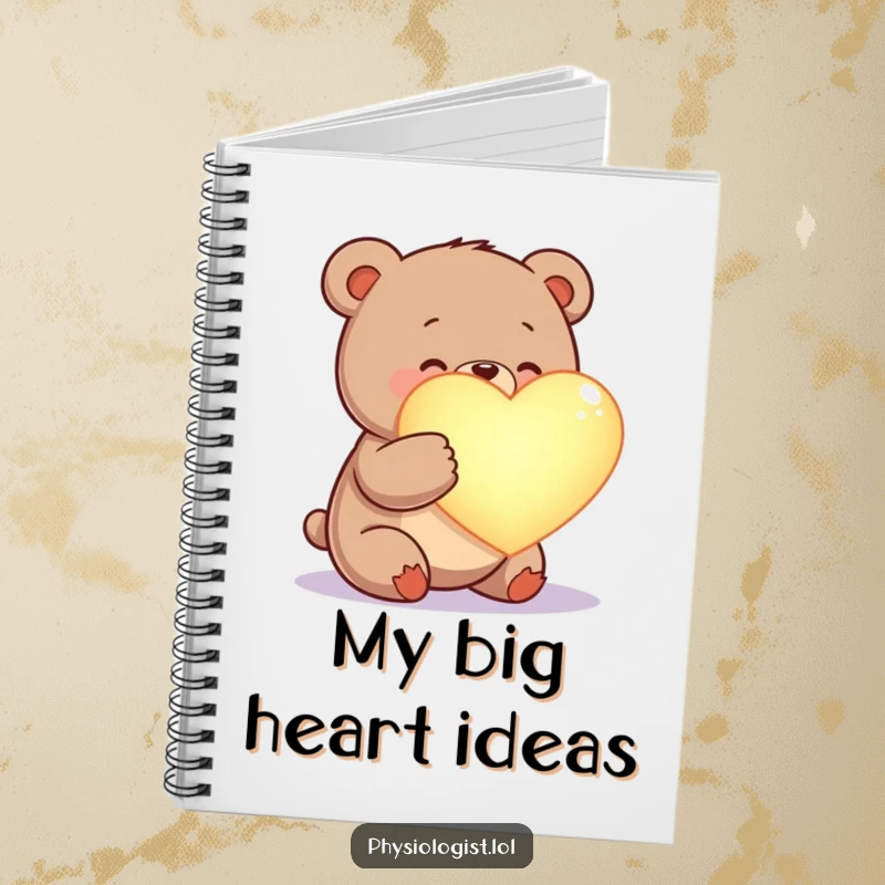 Funny happy bear notebook cover, examining a glowing heart, ideal for capturing notes with a heartwarming touch.