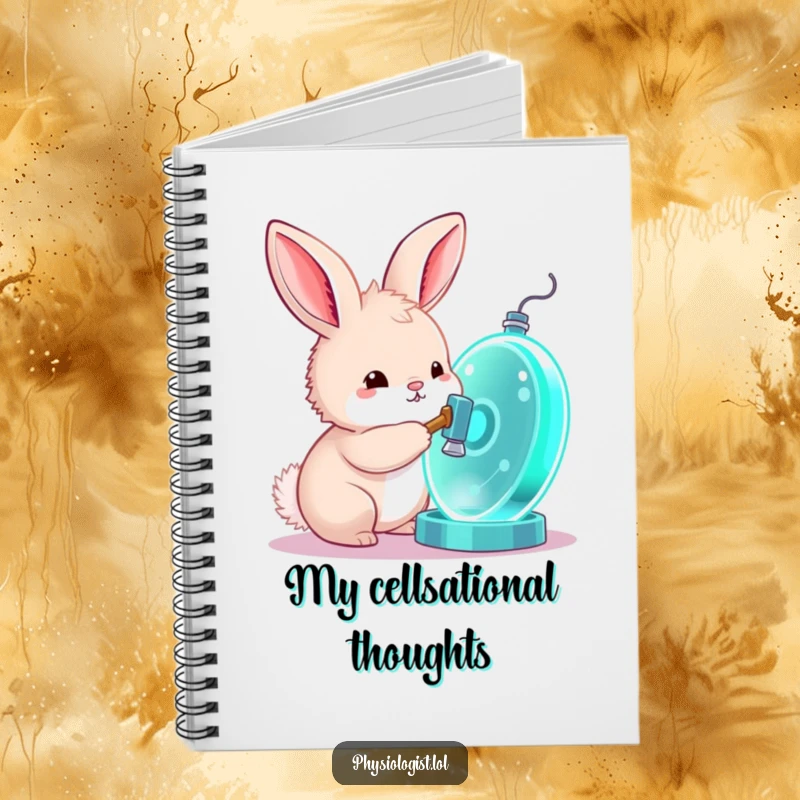 Funny bunny notebook, a curious bunny taps a glowing cell model with a tiny hammer, ideal for jotting down science notes.
