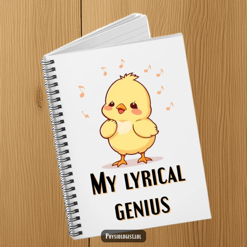Funny chick music notebook with a tiny chick bobbing its head to music, ideal for writing lyrics and musical notes.