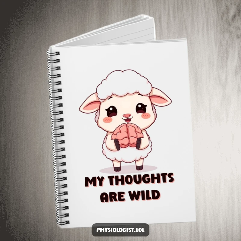 Funny notebook featuring a sheep holding a small, animated brain and giggling. Ideal for note-taking or journaling, a smart funny gift.