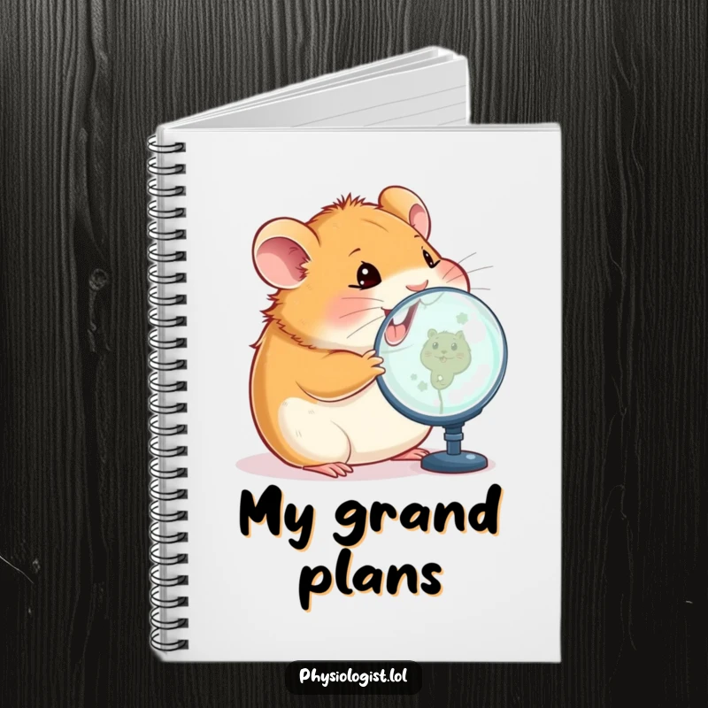 Funny hamster notebook with a happy hamster and a magnified screen, perfect for jotting down notes with meticulous and humorous intent.
