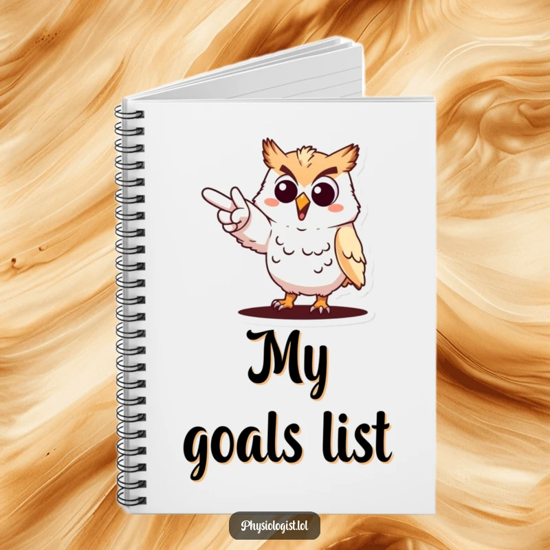 Funny cheerful owl pointing notebook, an owl dramatically indicating a goal, spiral-bound for note-taking.