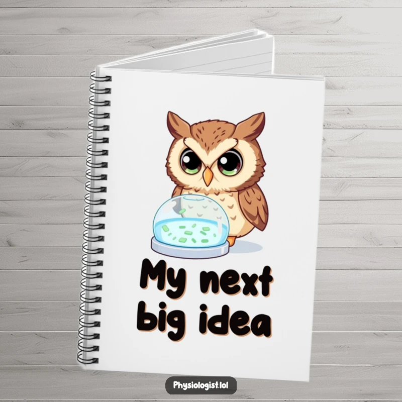 Funny owl notebook with a curious owl and a glowing petri dish, perfect for jotting down notes with scientific and humorous intent.