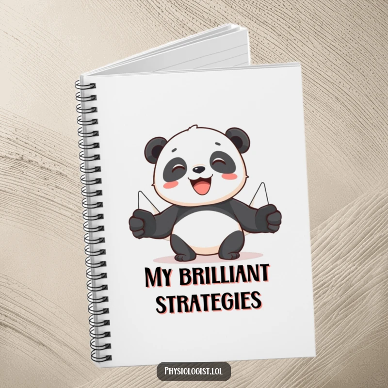Funny panda notebook with a cheerful panda and puppets demonstrating muscle movement, perfect for jotting down workout plans with humorous intent.