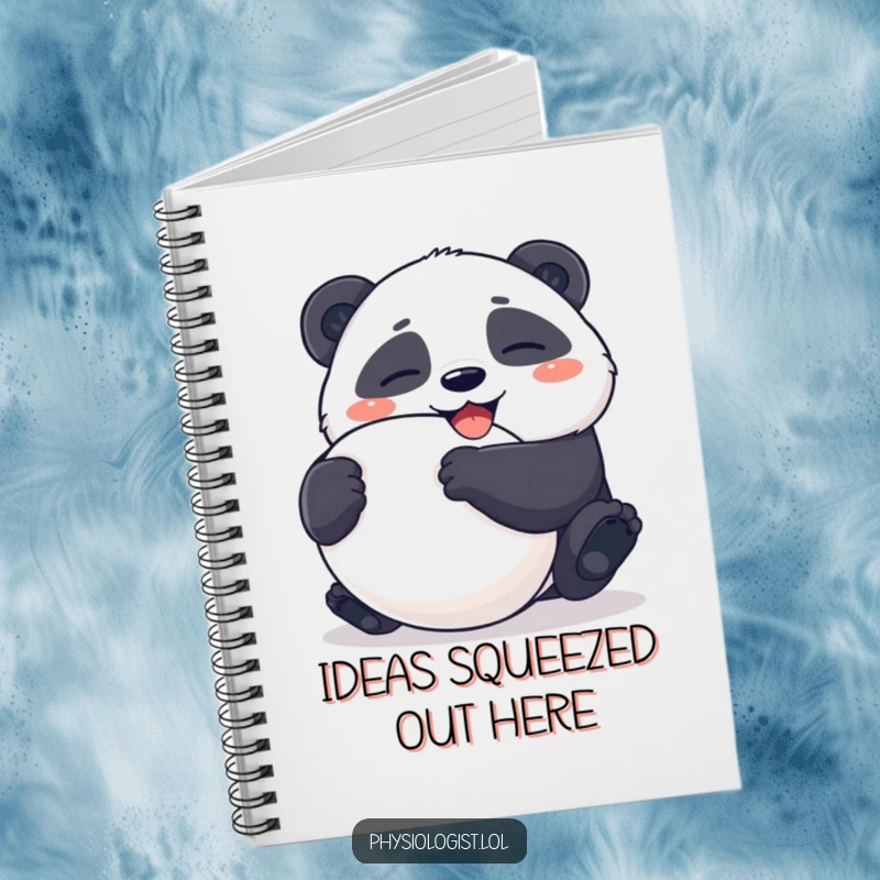 Funny Notebook: Giggling panda character squeezing an ambiguously shaped stress ball, perfect for note-taking with humor.