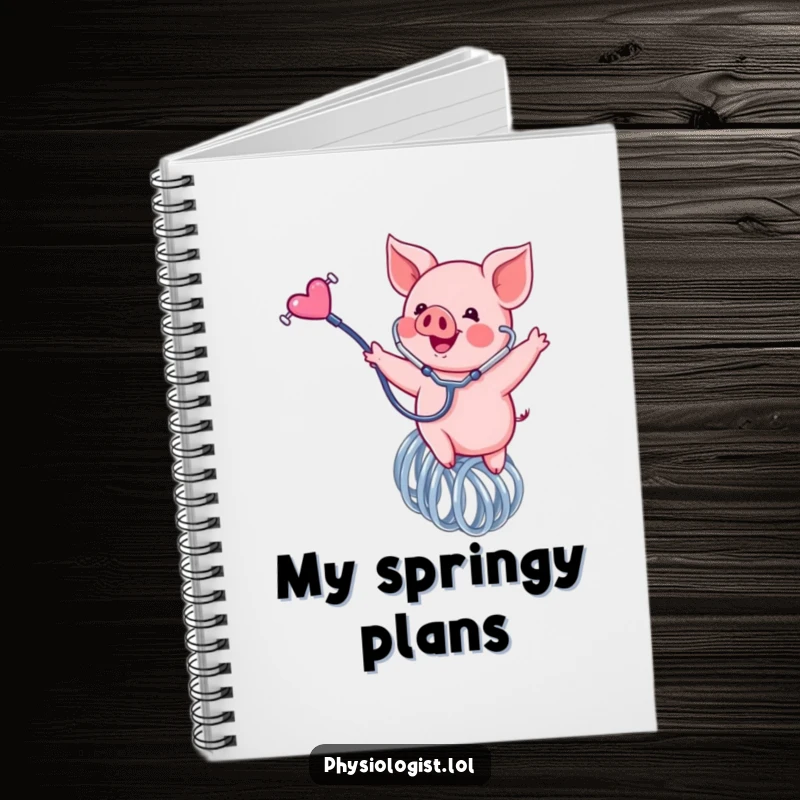Funny piglet notebook, a happy pink piglet bounces on a spring holding a stethoscope, perfect for jotting notes.