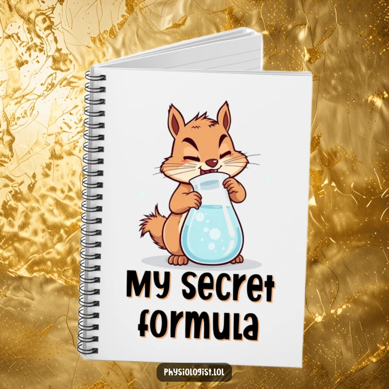 Funny Squirrel Chemist Notebook with a determined squirrel churning a beaker of bubbly liquid, ideal for jotting down recipes.