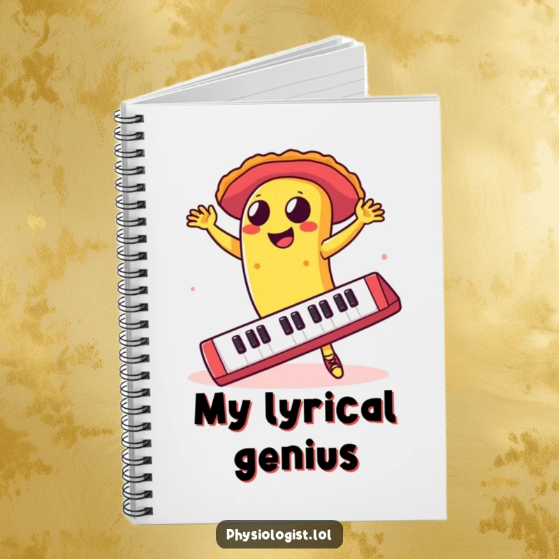 Funny taco dancing salsa on a giant keyboard, on a notebook cover, inspiring humorous notes and creative planning.