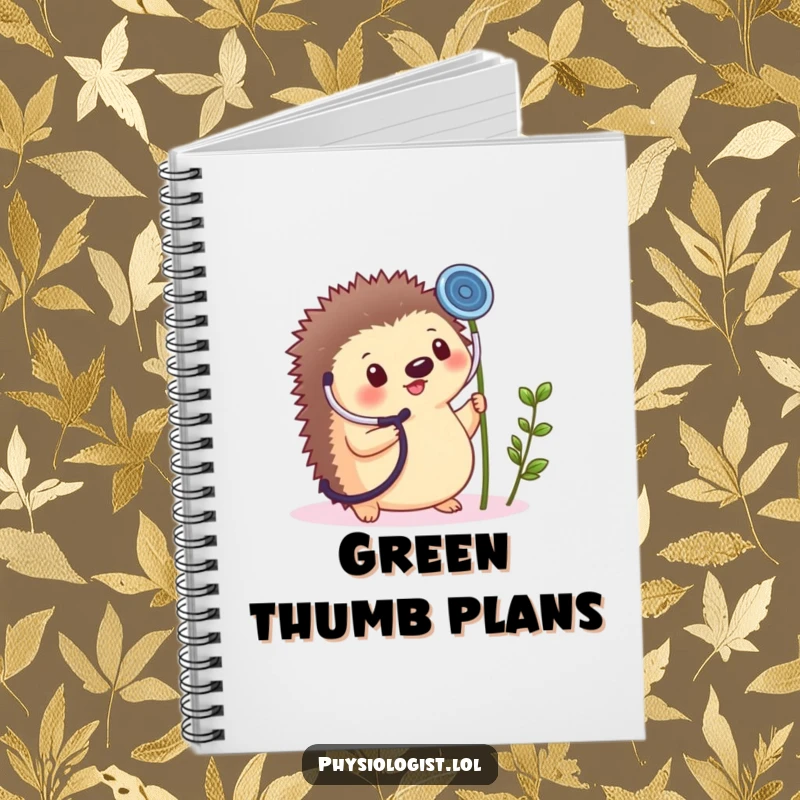 Funny notebook with a small, round hedgehog cheerfully holding a giant stethoscope to a tiny plant sprout.