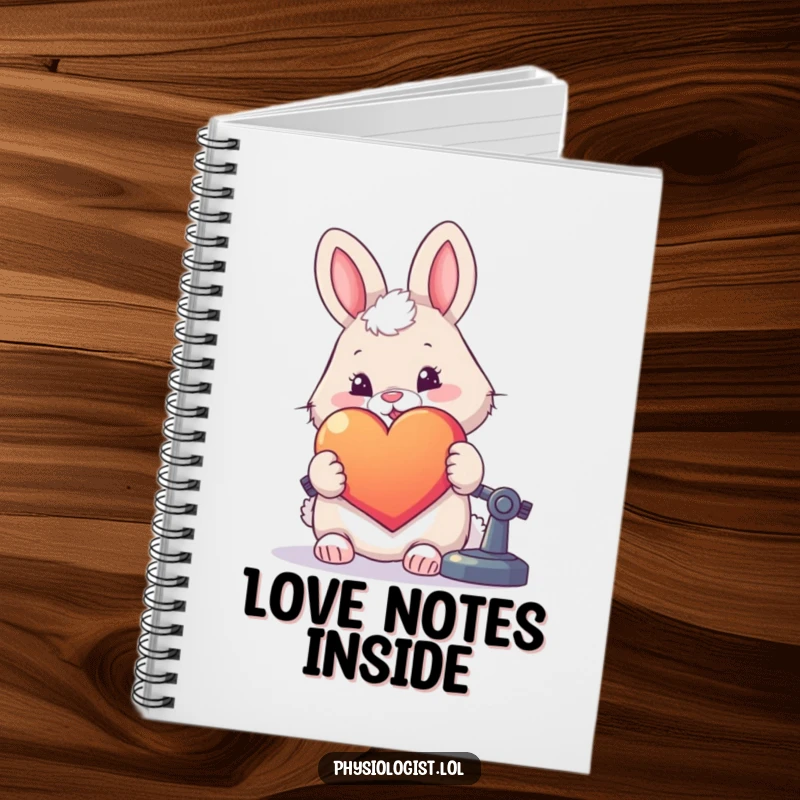 Funny notebook featuring a fluffy rabbit examining a large, colorful heart under a microscope.