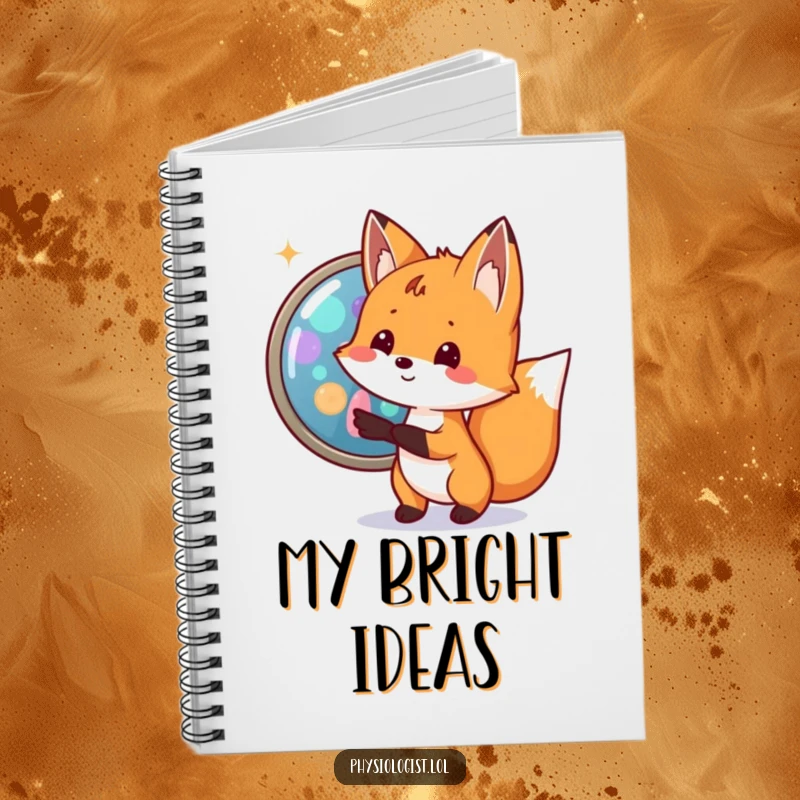 Funny fox biologist notebook with a small fox excitedly pointing to a magnified cell with bright, colorful organelles, for science notes.