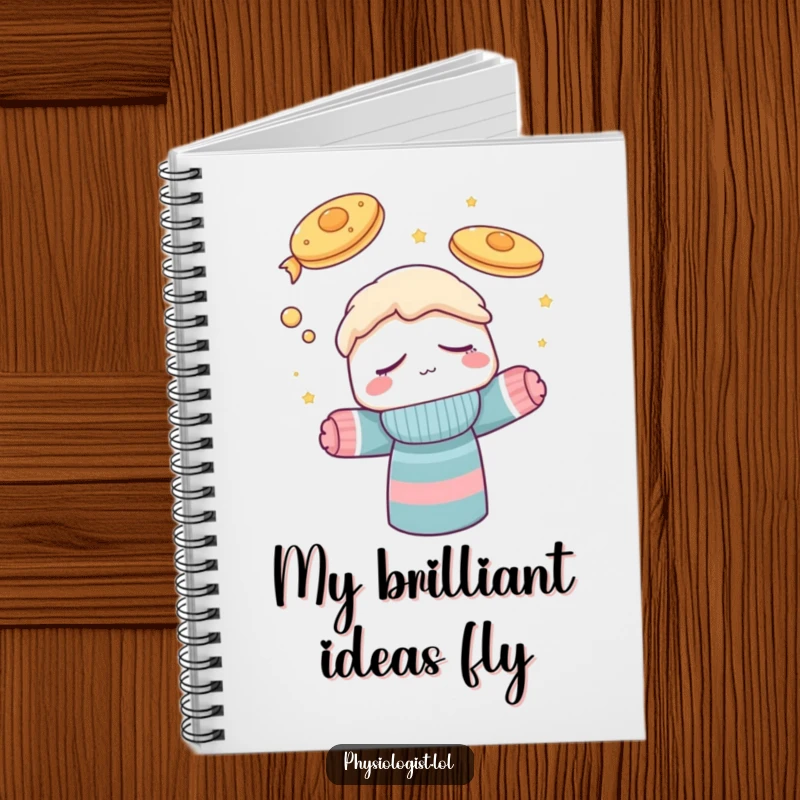 Funny notebook cover showing a sleepy sock puppet character dreaming of airborne pancakes, designed to inspire creative writing and humorous thoughts.