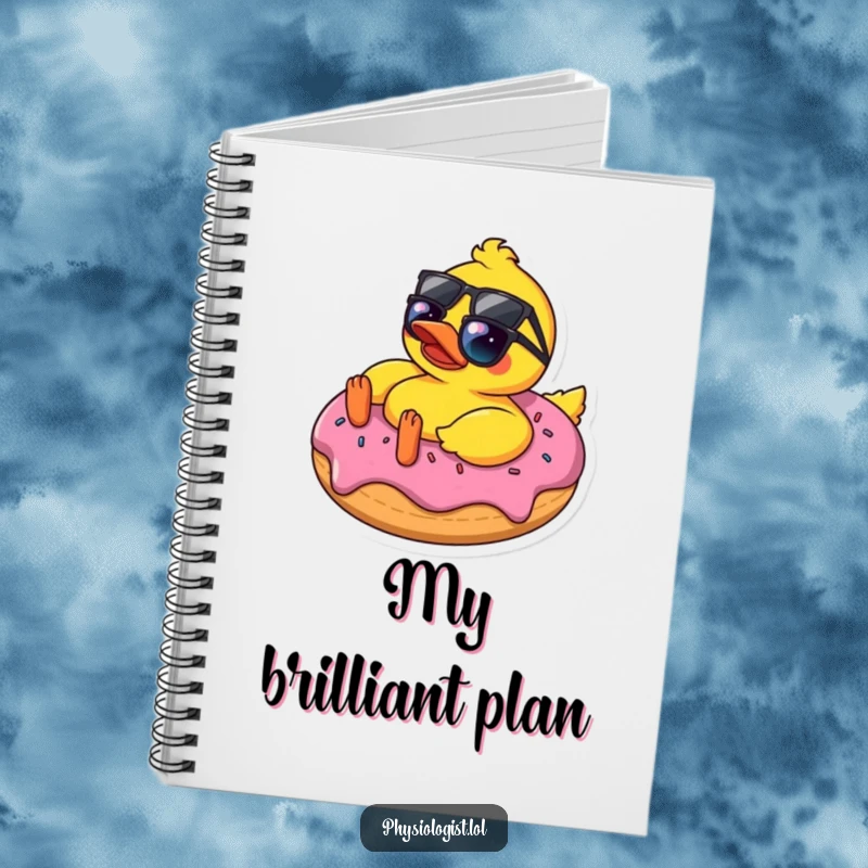 Funny rubber ducky wearing sunglasses, resting on a donut, on a notebook cover, inspiring humorous writing and creative ideas.