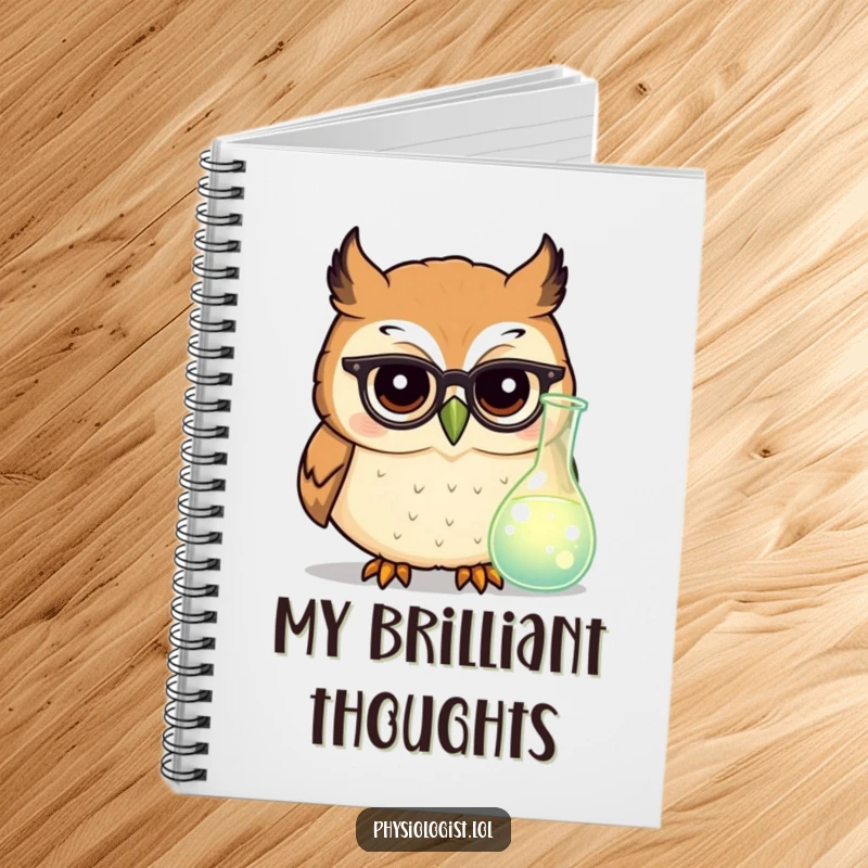 Funny owl scientist notebook with a round owl in tiny glasses peering at a glowing beaker, perfect for smart note-taking.