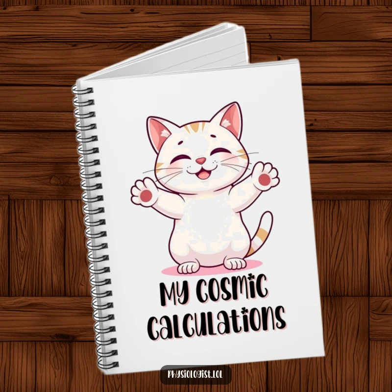 Funny Cat Abstract Notebook: Cover features a smiling cat measuring an abstract glowing shape, ideal for jotting notes with a humorous twist.
